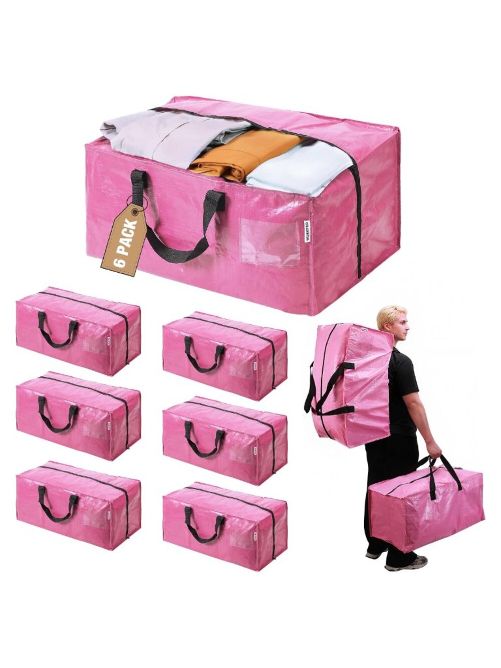 6 Pack Extra Large Moving Bags w/ Backpack Straps & Handles, Heavy-Duty Storage
